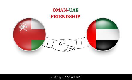 Oman- und VAE-Flaggen im Kreis mit schüttelnder Hand. Oman und VAE Freundschaft. Oman- und VAE-Flaggen, isoliert auf weißem Hintergrund. Vektor-Illustrator Stock Vektor