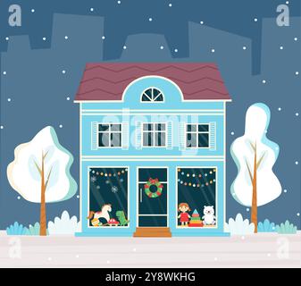 Spielwarenladen mit Weihnachtsdekoration bei Nacht. Geschäfte, Vorderansicht. Winterstadt, Stadtpanorama. Stock Vektor
