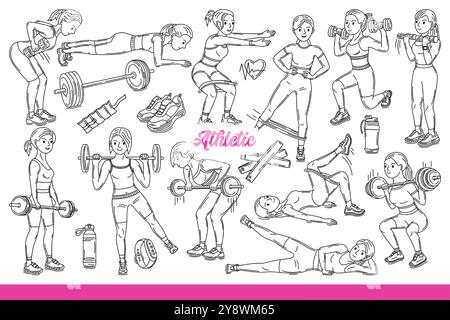 Eine Sportlerin geht zum Sport und macht körperliche Übungen mit Fitnessgeräten. Mädchen Athlet erreicht schlanke Figur und ausgezeichnete Gesundheit durch Heben von Langhanteln oder Kurzhanteln. Handgezeichnet. Stock Vektor