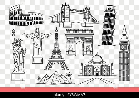 Sehenswürdigkeiten und Statuen oder Museen der Welt sind bei Touristen, die rund um den Planeten reisen, beliebt. Wahrzeichen kolosseum und Eiffelturm nahe Elysee Tor aus Paris oder Taj Mahal aus Indien. Handgezeichnet. Stock Vektor