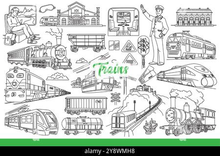 Eisenbahnindustrie und Nutzung von Zügen, um die Welt zu befördern und Güter zu liefern. Zugbeschriftung in der Nähe von Fahrzeugen mit Fahrgästen oder Tanks für den Transport von Erdölprodukten oder Ampeln. Handgezeichnet. Stock Vektor