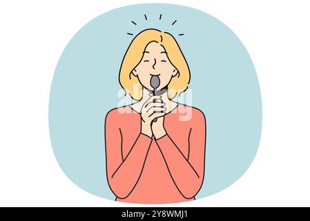 Lächelndes Mädchen leckt Löffel nach leckerem Essen oder Dessert. Glückliche Frau mit Besteck nach Verkostung oder Essen. Vektordarstellung. Stock Vektor