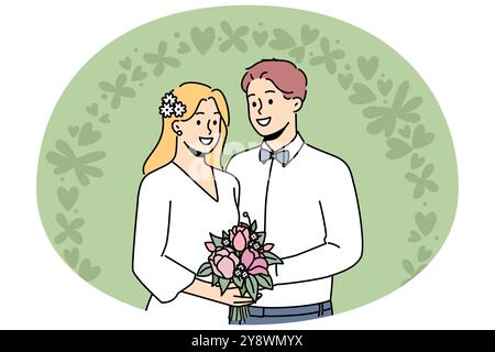 Lächelnde Braut und Bräutigam stehen während der Zeremonie neben dem Blumenbogen der Hochzeit. Glückliches Paar genießt die Hochzeitsfeier. Vektordarstellung. Stock Vektor