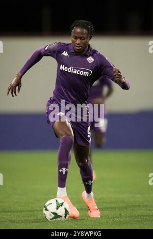 Florenz, Italien. Oktober 2024. FiorentinaÕs Christian Kouame in Aktion während der UEFA Conference League 2024/2025 League-Phase 1 Spieltag zwischen Fiorentina und den Neuen Heiligen im Artemio Franchi Stadion - Sport, Fußball - Florenz, Italien - Donnerstag, 3. Oktober 2024 (Foto: Massimo Paolone/LaPresse) Credit: LaPresse/Alamy Live News Stockfoto