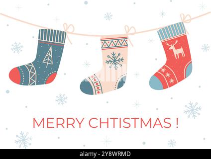 Weihnachtssocken hängen an einem Seil auf weißem Hintergrund mit Schneeflocken. Weihnachtsgrußkarte mit Strümpfen. Illustration der Vektorabwicklung. Stock Vektor