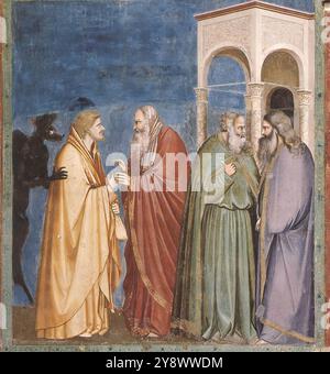 GIOTTO di Bondone (* 1267, Vespignano, d. 1337, Firenze) Nr. 28 Szenen aus dem Leben Christi: 12. Judas erhält Zahlung für seinen Verrat 1304-06 Fresco, 150 x 140 cm Cappella Scrovegni (Arena Kapelle), Padua Wir kommen jetzt zur Szene auf der linken Seite des Chorbogens, Judas erhält Zahlung für seinen Verrat. Judas ist im Profil zu sehen, mit einem schwarzen Halo und dem Teufel hinter ihm. Seine Darstellung entspricht den einfachen didaktischen Geboten, die das Böse durch ein hässliches Gesicht enthüllen würden. *** Stichwörter: ************* Autor: GIOTTO di Bondone Titel: Nr. 28 Szenen aus Stockfoto