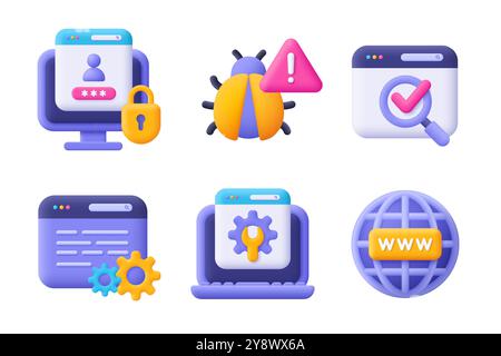 Web-Entwicklung , SEO, Codierung und Programmierung 3D-Vektor-Symbolsatz. Minimaler Cartoon-Style. Stock Vektor