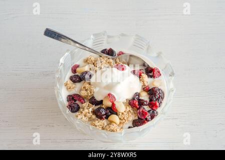 Schüssel griechischer Joghurt mit Pinienkernen Granola getrocknete Preiselbeeren und Rosinen das ideale gesunde moderne Frühstück serviert mit einer kleinen silbernen Portion Stockfoto