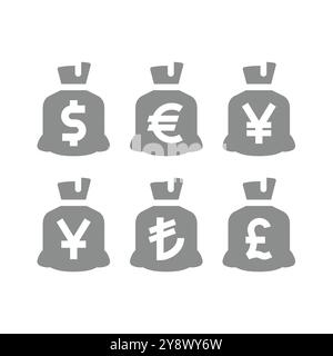 Geldbeutel oder -Sack mit Dollar-, Euro- und Pfund-Symbol. Yen, Yuan und Lira Moneybag Vektor-Symbol Set. Stock Vektor