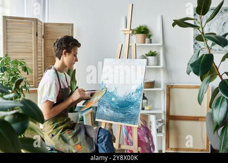 Eine junge Frau kreiert zu Hause ein vom Ozean inspiriertes Kunstwerk und genießt ihr künstlerisches Hobby, während sie von Pflanzen umgeben ist. Stockfoto