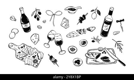 Sommer Picknick Essen und Wein Vektor Illustrationen Set. Pizza, Käseplatte, Baguette, Alkoholglas und Flasche Vintage minimalistische Skizze. La Dole Vita. Stock Vektor
