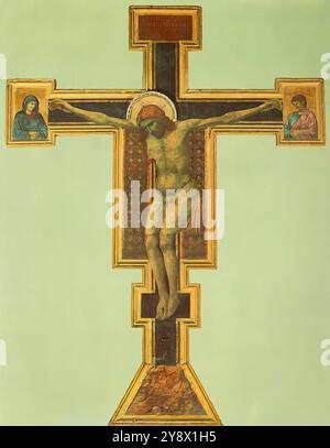 GIOTTO di Bondone (* 1267, Vespignano, d. 1337, Firenze) Kruzifix 1290-1300 Tempera auf Holz, 578 x 406 cm Santa Maria Novella, Florenz Trotz der Tatsache, dass alte Quellen die Existenz eines Giotto-Kruzifix in der Santa Maria Novella erwähnen, wird die Echtheit des Gemäldes diskutiert. Aufgrund der Ähnlichkeiten dieses Kruzifix und der Assisi-Fresken wird die Zuordnung zu Giotto jedoch allgemein akzeptiert und nur die genaue Datierung blieb ungelöst. Der schwere Körper Christi im Kruzifix Santa Maria Novella, das bald zu einem grundlegenden Prototyp werden sollte, ist von solcher Erdenheit, dass er nicht mehr so groß ist Stockfoto