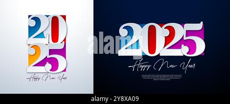 Happy New Year 2025 Illustrationssatz mit bunten Typografie-Schriftzug auf weißem und schwarzem Hintergrund. Weihnachtsdesign für Flyer, Banner, Grußkarte Stock Vektor
