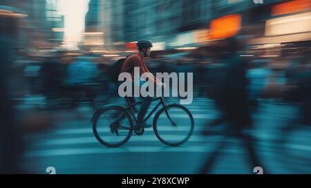 Radfahrer, der durch eine Menge Passanten auf einer Stadtstraße fährt. Ein Mann, der mit dem Fahrrad durch eine geschäftige Stadtstraße fährt, in Bewegungsunschärfe erfasst. Die Stadt Stockfoto