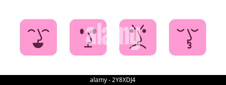 Set aus einfachen, minimalen quadratischen Emojis mit Nase und geraden Gesichtszügen. Stock Vektor