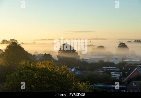 Die geheimnisvolle nebelige Atmosphäre am frühen Morgen war faszinierend. Norddeutschland im Herbst. Stockfoto