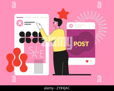 Veröffentlichen Sie Informationen zu Verkäufen und Werbeaktionen – Illustration von Vorlagen für Social-Media-Bildschirme Stock Vektor