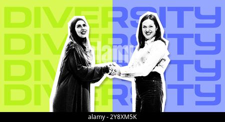 Poster. Zeitgenössische Kunstcollage. Zwei verschiedene Frauen schütteln die Hände und lächeln vor lebendigem Hintergrund mit WORTVIELFALT in fetten Buchstaben. Stockfoto
