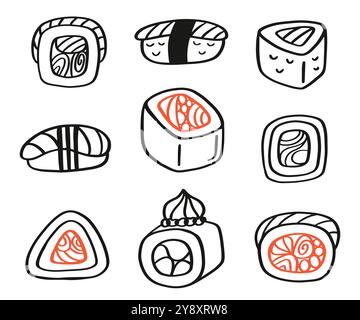 Sushi Bar Set Japanische Küche Doodle Icon Kollektion Stock Vektor