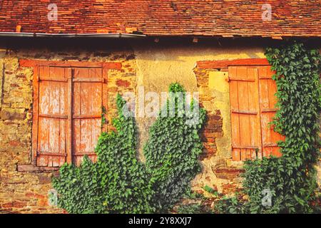 Altes Bauernhaus aus Stein, bewachsen mit Efefeuschalen Witwen im Dordogne Valley, Aquitaine Landschaft. Ländliche Architektur. Europa Stockfoto