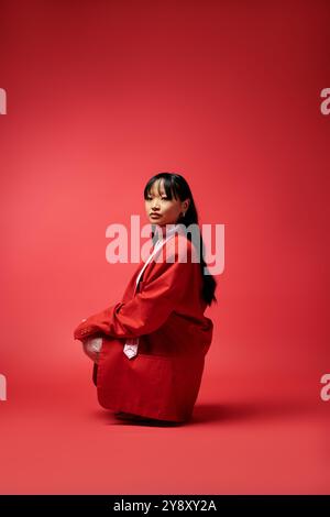 Elegant in einem roten Ensemble gekleidet, zeigt die junge Frau ihre Schönheit. Stockfoto