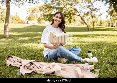 In einem friedlichen Park liest eine junge Frau ein Buch, während sie sich in der warmen Herbstsonne sonnt. Stockfoto