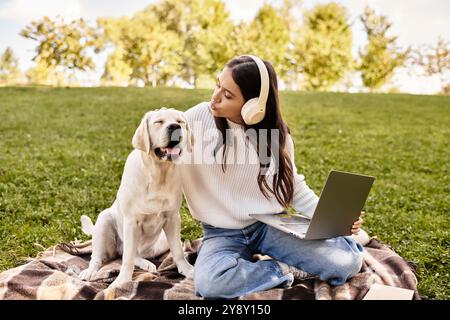 Eine junge Frau in gemütlicher Kleidung verbindet sich mit ihrem Hund, während sie an einem angenehmen Herbsttag im Freien arbeitet. Stockfoto