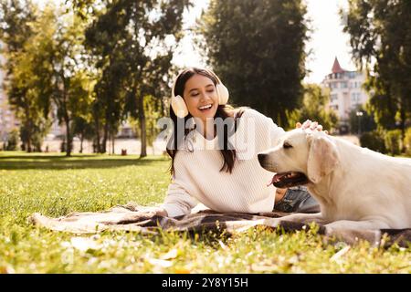 Eine fröhliche junge Frau entspannt sich auf dem Gras und interagiert glücklich mit ihrem Hund in einem lebhaften Park. Stockfoto