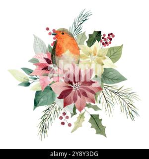 Vektor Aquarell weihnachtsstrauß mit Weihnachtsstern und robin. Isoliert auf weißem Hintergrund. Stock Vektor