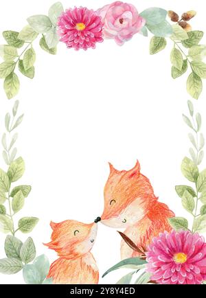 Babydusche Vektorkarte. Aquarellfuchs Mutter und Baby. Stock Vektor