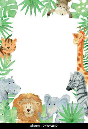 Vektor-Babyduschkarte. Safari-Karte mit Wasserfarben und Tieren. Stock Vektor