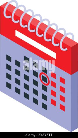 Isometrischer Kalender mit einem roten Kreis markiertem wichtigen Datum, Konzept der Terminplanung, Planung von Ereignissen und wichtigen Daten Stock Vektor