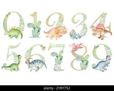 Vektor-Aquarell-Dinosaurier-Nummern für Einladungskarte, Kinderzimmer-Poster und andere. Stock Vektor