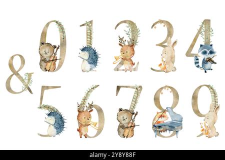 Aquarell musikalische Tiere Vektornummern für Einladungskarte, Kinderzimmer Poster und andere. Stock Vektor