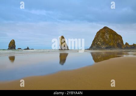 Der Heuhaufen Rock Spiegelt Sich In Der Niedrigwasser Des Canon Beach Am Bewölkten Morgen. Stockfoto