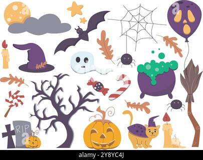 Legen Sie Halloween-Elemente und -Symbole fest. Niedliche Katze, Geistermaus, Baum, Friedhof mit Kreuz und Grabstein, Kürbisgesicht, Spinnennetz mit Spinne, Mond, Geist Stock Vektor