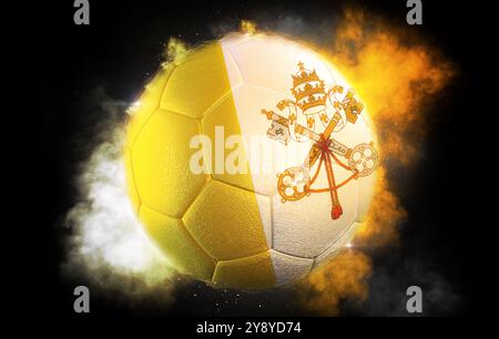 Fußball mit der Flagge der Vatikanstadt explodiert vor schwarzem Hintergrund in Flammen. 3D-Abbildung Stockfoto