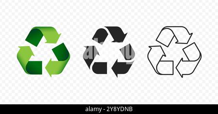 Das Recyclingzeichen in verschiedenen Interpretationen isoliert auf transparentem Hintergrund. Farbig, schwarz und konturiert. Stock Vektor