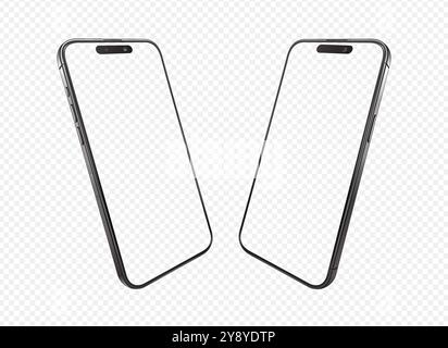 Geneigtes Smartphone-Modell mit leerem Bildschirm. Rechtwinklige Ansicht und linke Seite. Mobiltelefongerät isoliert auf Transparenz. Realistische Vektordarstellung. Stock Vektor