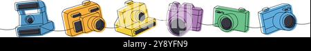 Fotokamera stellt eine Linie farbige kontinuierliche Zeichnung ein. Sofortkamera und Polaroid-Kamera, Film-Fotokamera mit Objektiv. Lineare Vektordarstellung. Stock Vektor