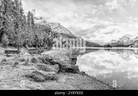 Schwarz-weiße Landschaft am Silser See, Engadin, Graubünden, Schweiz Stockfoto