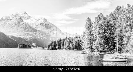 Schwarz-weiße Landschaft am Silser See, Engadine, Graubünden, Schweiz Stockfoto