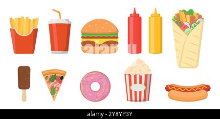 Eine lebendige und farbenfrohe Sammlung von ikonischen Fast-Food-Artikeln, darunter Pommes Frites, Burger und verschiedene Snacks Stock Vektor