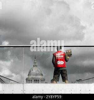 Großer Verkäufer auf der Millennium Bridge mit St. Pauls Cathedral in der Ferne, London, Großbritannien Stockfoto