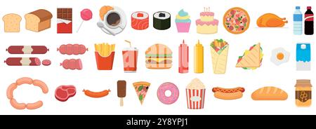 Farbenfrohe Illustrationen verschiedener Speisen, von Snacks bis zu Desserts, ideal für kulinarische Themen oder Projekte Stock Vektor