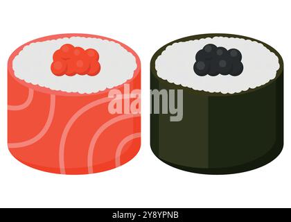 Genießen Sie lebendige Sushi-Brötchen mit Fischrogen, Nori und frischen Zutaten, perfekt für Liebhaber der japanischen Küche Stock Vektor