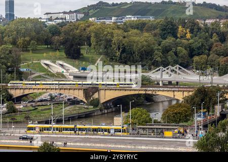 Neckarbrücken in Bad Cannstatt. Ein Regionalzug rollt über die alte Bahnbrücke, die neue dahinter ist Teil des Projekts Stuttgart 21. In dieser Woche sollen die Belastungstests und andere technische Prüfungen erfolgen. // 07.10.2024: Bad Cannstatt, Stuttgart, Baden-Württemberg, Deutschland *** Neckarbrücken in Bad Cannstatt rollt Ein Regionalzug über die alte Eisenbahnbrücke, der neue dahinter ist Teil des Projekts Stuttgart 21 Lasttests und weitere technische Inspektionen sollen in dieser Woche stattfinden 07 10 2024 Bad Cannstatt, Stuttgart, Baden Württemberg, Deutschland Stockfoto