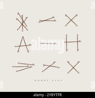 Bobby Haarnadeln Sammlung von wellenförmigen Haarnadeln in verschiedenen Positionen, die auf beigefarbenem Hintergrund gezeichnet sind Stock Vektor