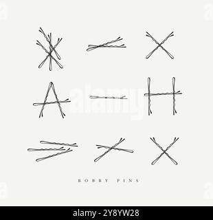 Bobby Haarnadeln Sammlung von wellenförmigen Haarnadeln in verschiedenen Positionen, die auf hellem Hintergrund zeichnen Stock Vektor