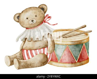 Teddybär und Vintage-Trommelaquarell-Illustration. Zeichnung von Retro-Babyspielzeug für kindliche Grußkarten oder Kindereinladungen. Musikinstrument und Plüschfiguren, Wandbilder oder Poster. Stockfoto
